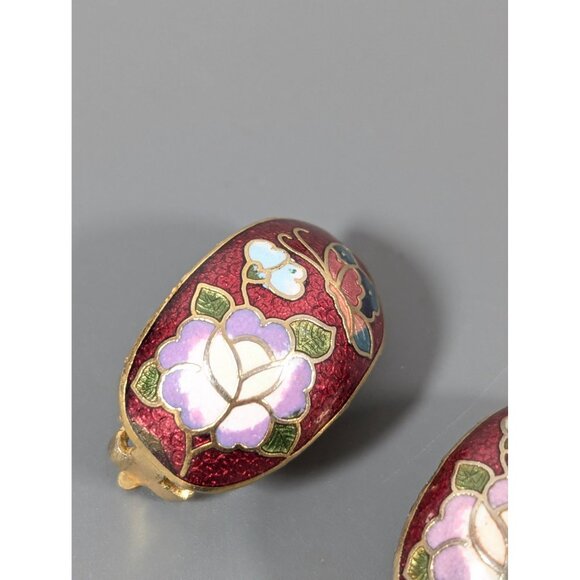 Vintage Red Cloisonne Butterfly Flower Huggie Drop Clip On Earrings Semi Hoop - Picture 4 of 8